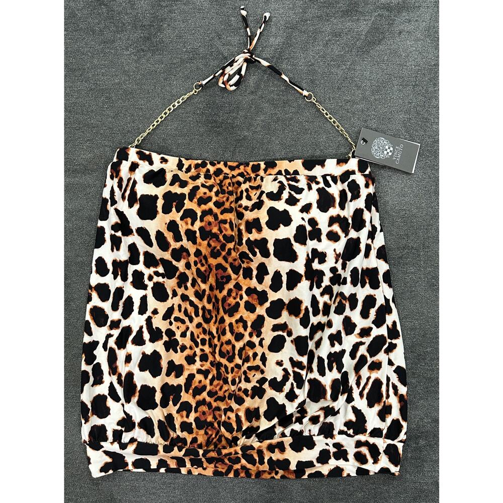 Vince Camuto Bathing Suit Tankini Top Black Animal Print Gold Chain Sz Large NWT